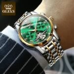 Olevs Automatic Mechanical Men Watches Stainless Steel Waterproof Date Week Green Classic Wrist Reloj Hombre - 2