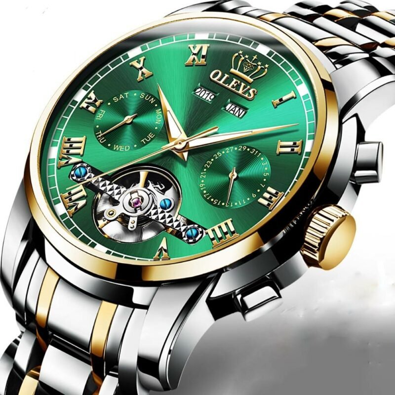 Olevs Automatic Mechanical Men Watches Stainless Steel Waterproof Date Week Green Classic Wrist Reloj Hombre